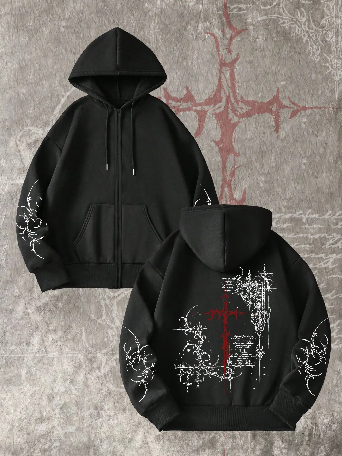 New Men's Cross Gothic Pattern Sweatshirt, Spring Fall Loose Fit Long Sleeve Hooded Pullover, All Season Fashion Casual Top, Hooded pullover tops