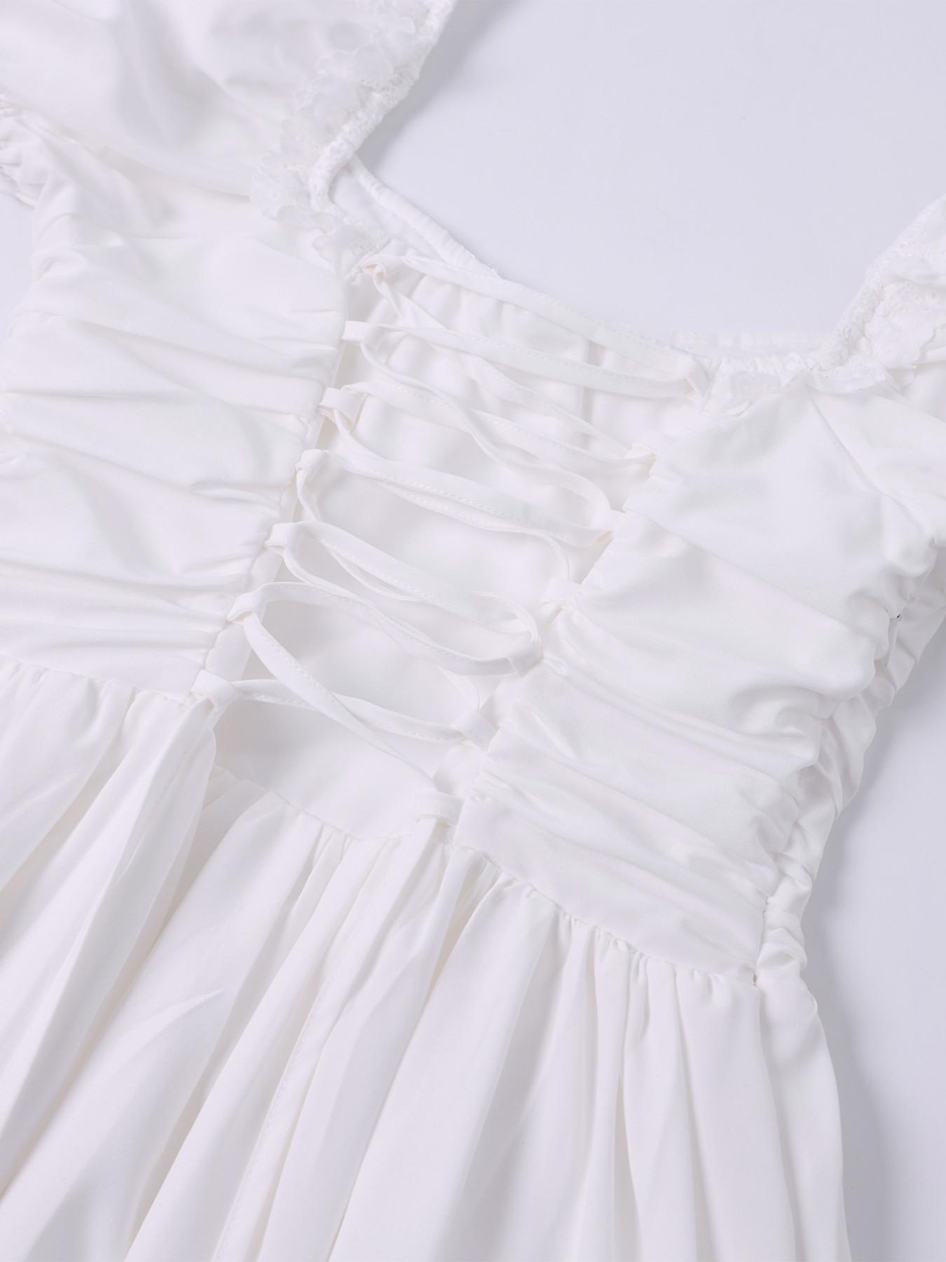 Square Neck Backless Cross Strap Ruched Fishbone Bubble Sleeve Dress, Casual Comfortable Fashion Long Dress for Daily Wear