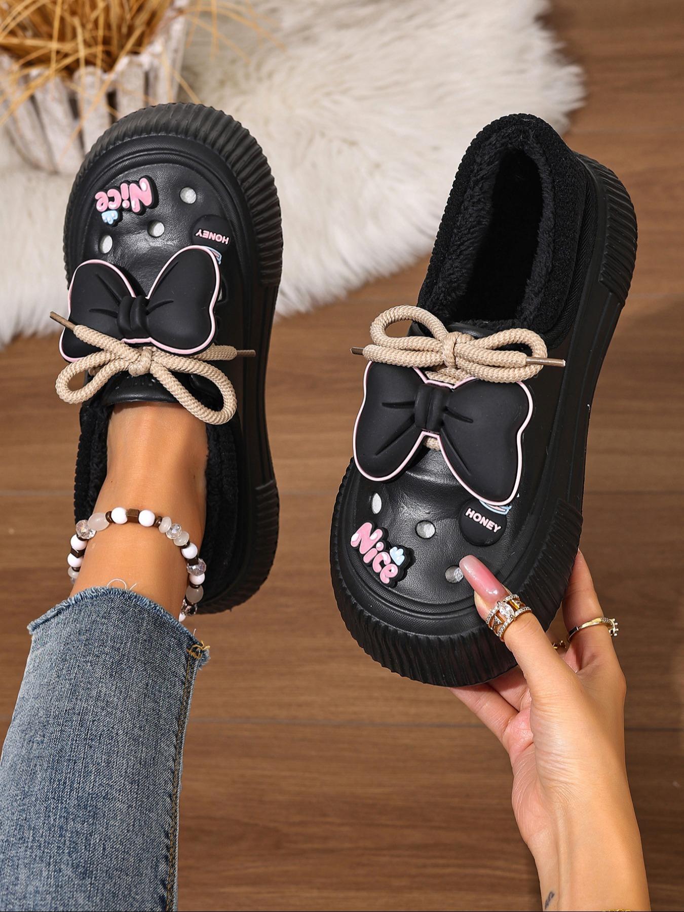 Women's Plus Size Winter Plush Fuzzy Warm Slippers, Indoor Cozy Silent Home Slippers with Cute Bowknot, Casual Shoes