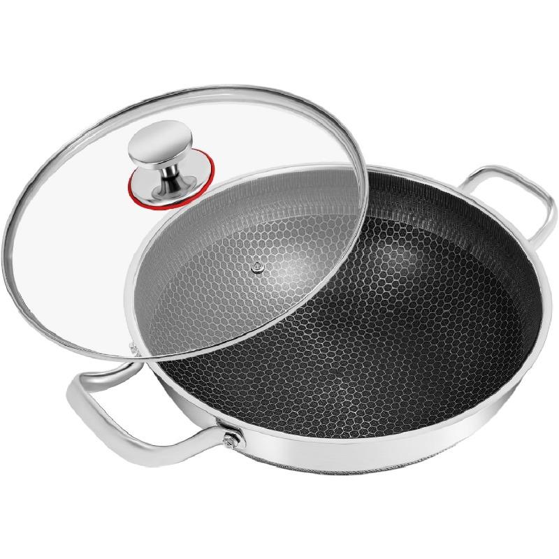 2026 Newest Edition 13 Inch New Hybrid Tri-Ply Stainless Steel Wok Pan with Lid,Ceramic Non Stick Stir-Fry Pans,Induction Cooking Pot,Dishwasher and Oven Safe.