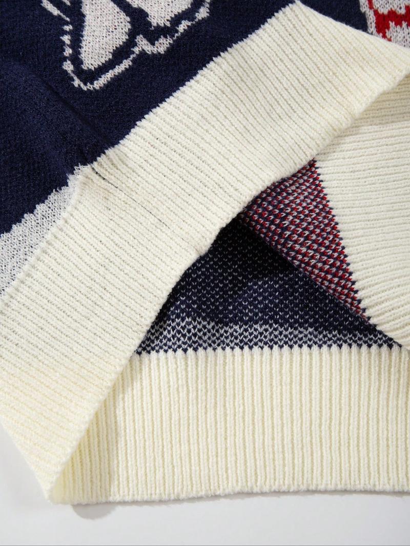 Men's Autumn Winter Casual Loose Fit Knit Sweater, Small Dinosaur Baseball Pattern, Vintage Street Style Long Sleeve Round Neck Top, Sweater Pullover