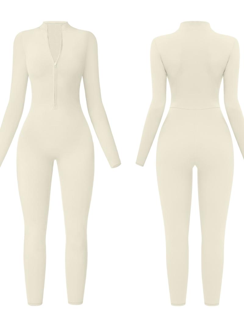 Women's Solid Zip-up Skiing Jumpsuit, Sporty Long Sleeve Onesie for Skiing Cycling, Fall & Winter Ladies Sportswear, Stretchable Activewear, Sporty Comfy Jumpsuit