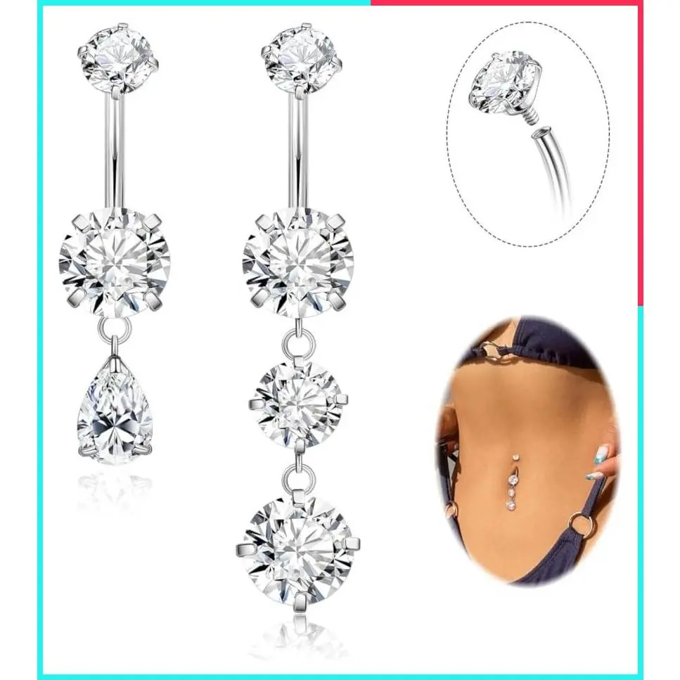 2Pcs Surgical Steel Dangle Belly Button Ring for Women Internally Threaded CZ Teardrop Navel Ring Hypoallergenic Belly Piercing Jewelry 8-16MM
