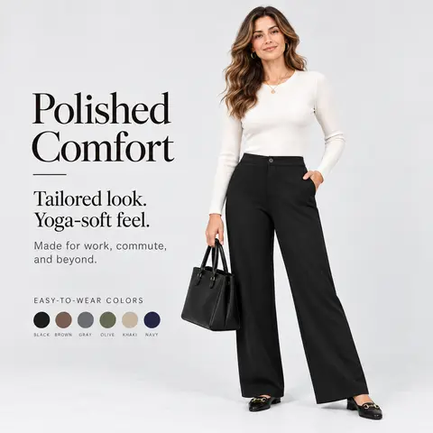 Women's Stretch Knit Wide Leg Work Pants, Pull-On High Waist Business Casual Trousers with Pockets