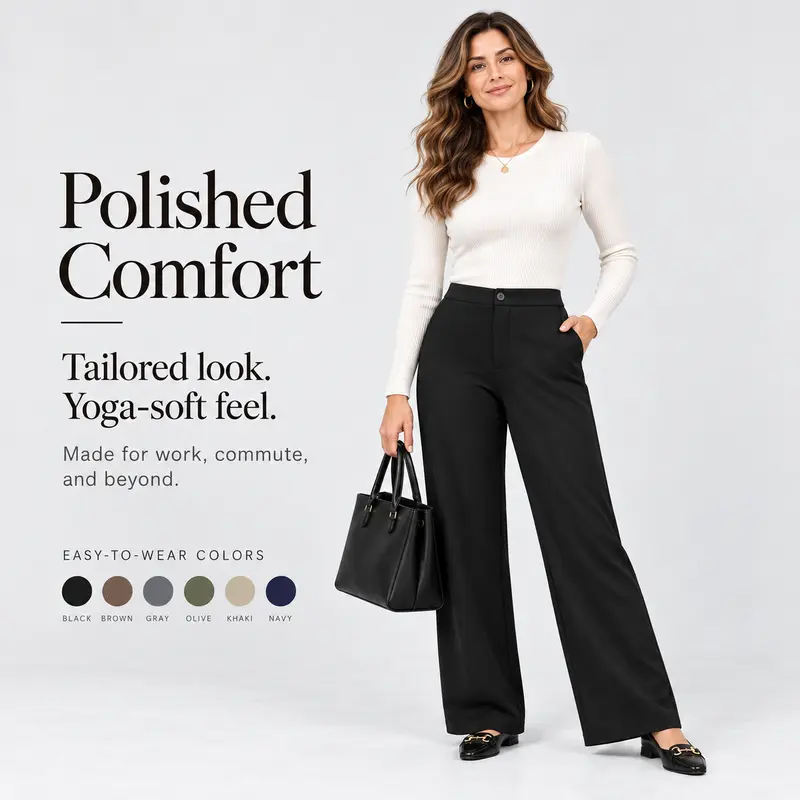Women's Stretch Knit Wide Leg Work Pants, Pull-On High Waist Business Casual Trousers with Pockets