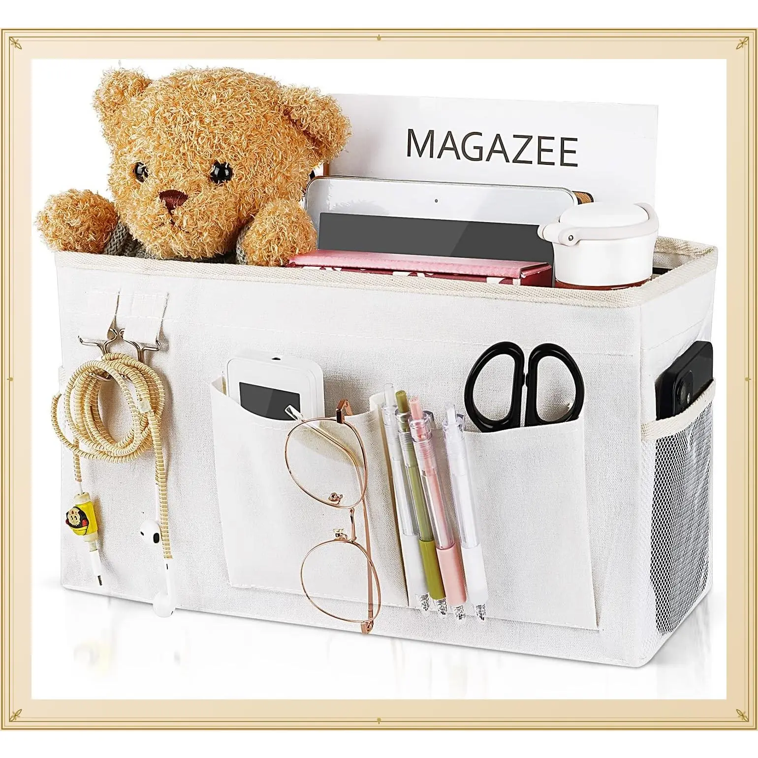 Bedside Caddy Organizer Hanging Storage Bag for Bunk Bed, College Dorm, Hospital Bed - Magazine, Water Bottle, Phone Holder, WhiteGift
