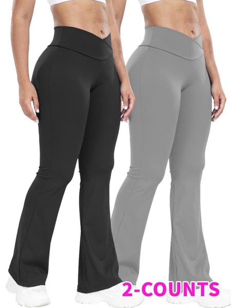 Women's Solid High Waist Flare Leg Sports Leggings, Breathable Comfortable Overlap Waist Yoga Leggings, Ladies Sportswear for Indoor Outdoor Wear, Skinny Yoga Bottoms