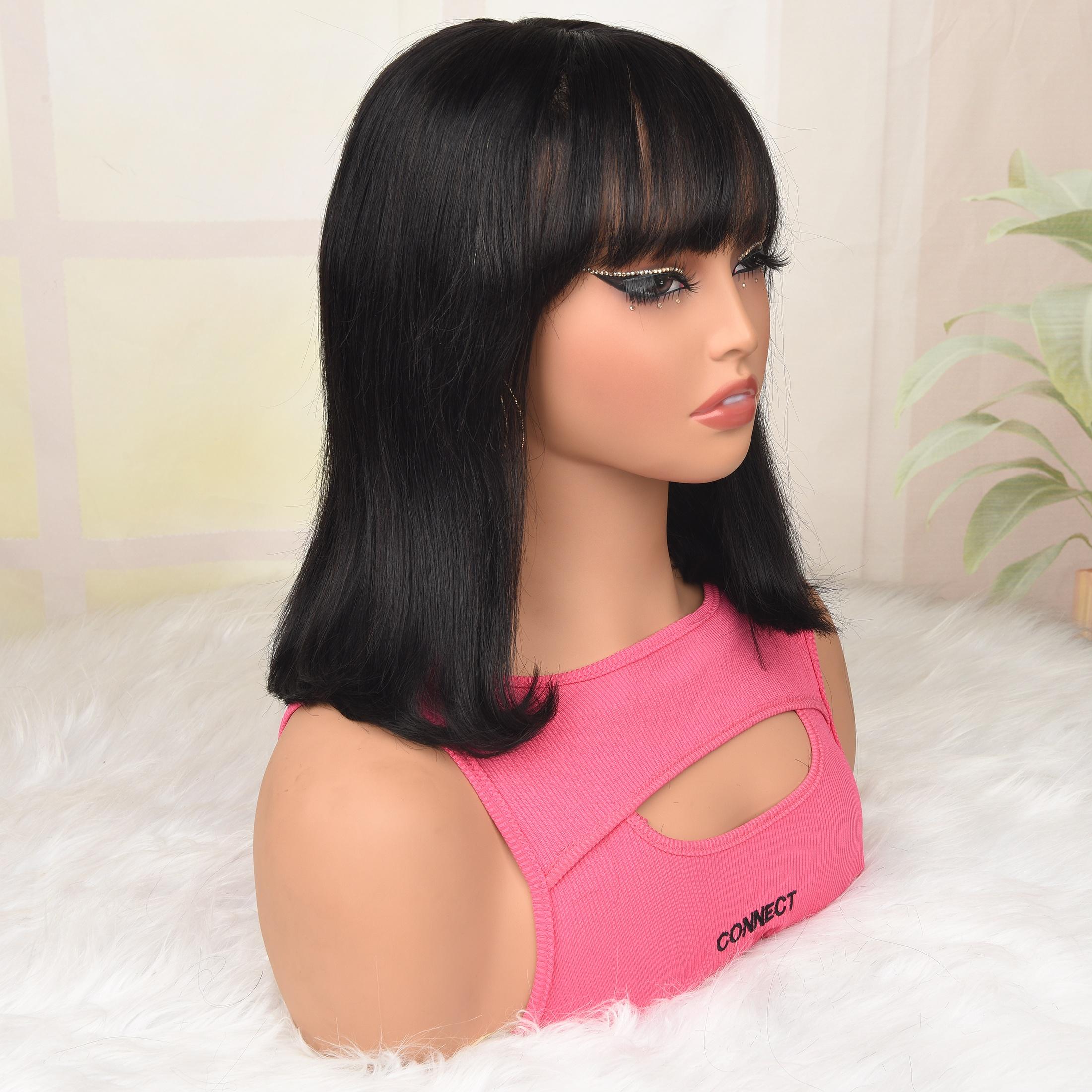 Bob Wig Human Hair With Bangs Glueless Straight 4x1 Transparent Lace Bob Wigs With Upgrade Breathable Bangs Natural Color for Women