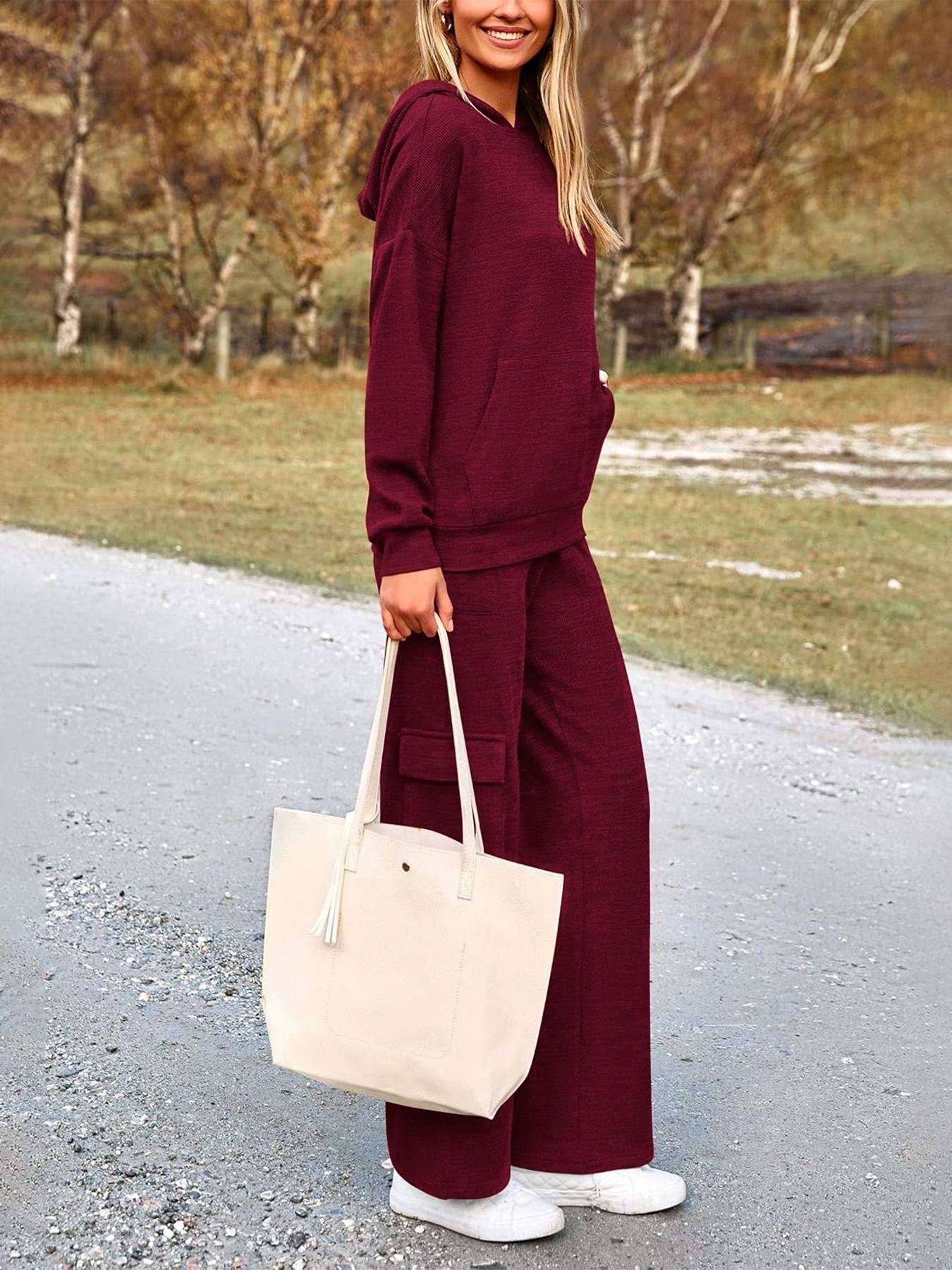 2026 Womens Fall Outfit 2-Piece Knitted SetsHoodie Tracksuits Wide Leg Pants With Pocket AndDrawString Long Sleeve Hooded Kangoroo Pocket TopsKnitwear Sporty Casual Loungwear, Womenswear Travel Outfit