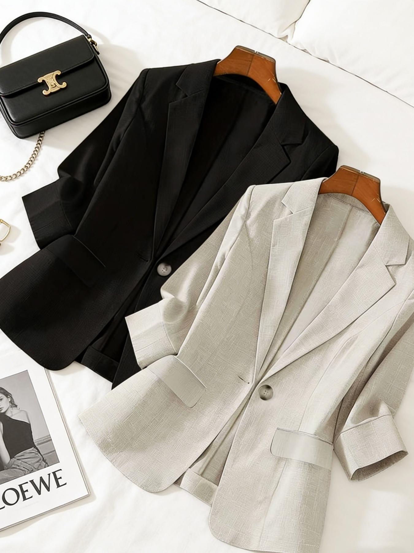 Women's two-piece plain color single-breasted double-pocket half-sleeve five-point suit jacket, suitable for spring and summer suitable for commuting outfit.