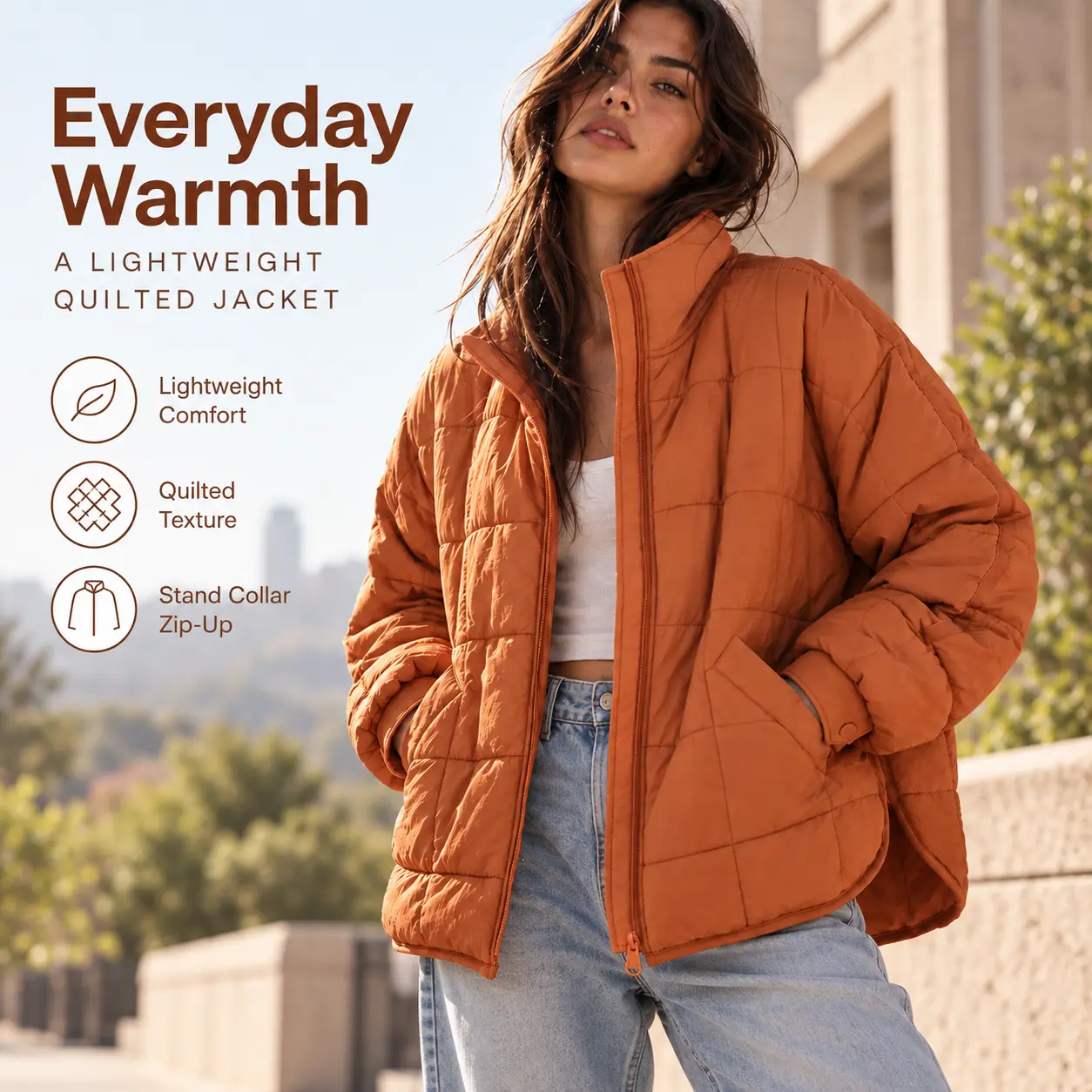 Women's Lightweight Quilted Jacket, Relaxed Oversized Fit Zip-Up Puffer Coat with Stand Collar and Side Pockets, Casual Layering Outerwear for Fall, Travel, Everyday Womenswear, Tennis, Walking, Outdoor Activities and Weekend Street Style Daily Activewear