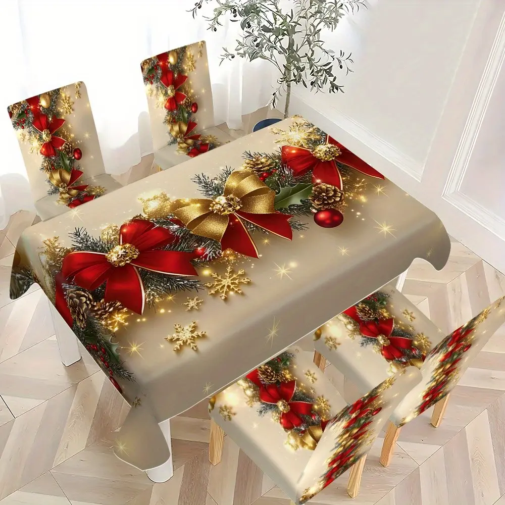 Christmas Polyester Tablecloth and Chair Covers Set, Gold Floral Print, 5-Piece or 7-Piece, Elastic Comfortable, Washable, Home Decor