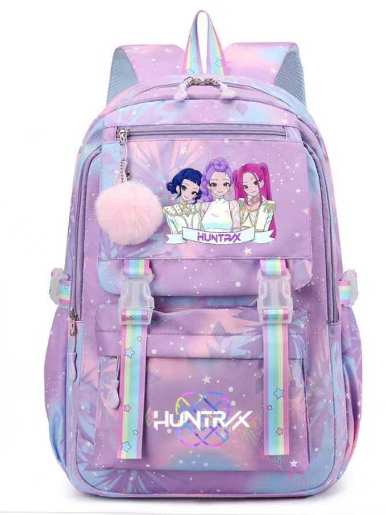 Cute Kpop Hunter Girl Group Cartoon Backpack, Adorable Jk Plaid Sweet Student Bag, Anime Style with Fur Ball, All Seasons