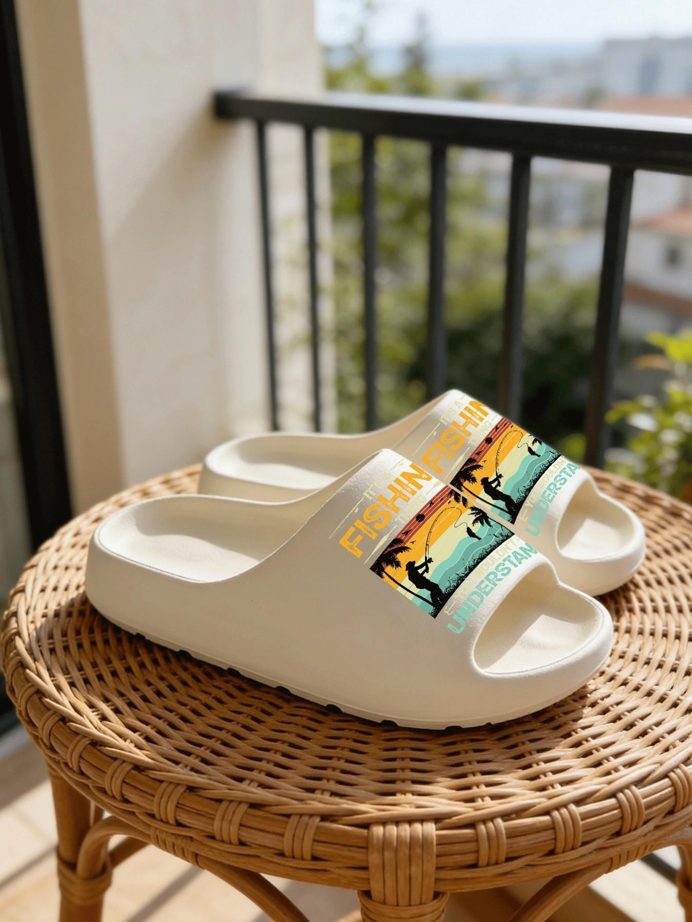 1 Pair Fishing Themed Printed Slippers, Outdoor Casual Style, Non-slip Soft Sole Open Toe Slides, Indoor & Outdoor Dual-use Bathroom Slides