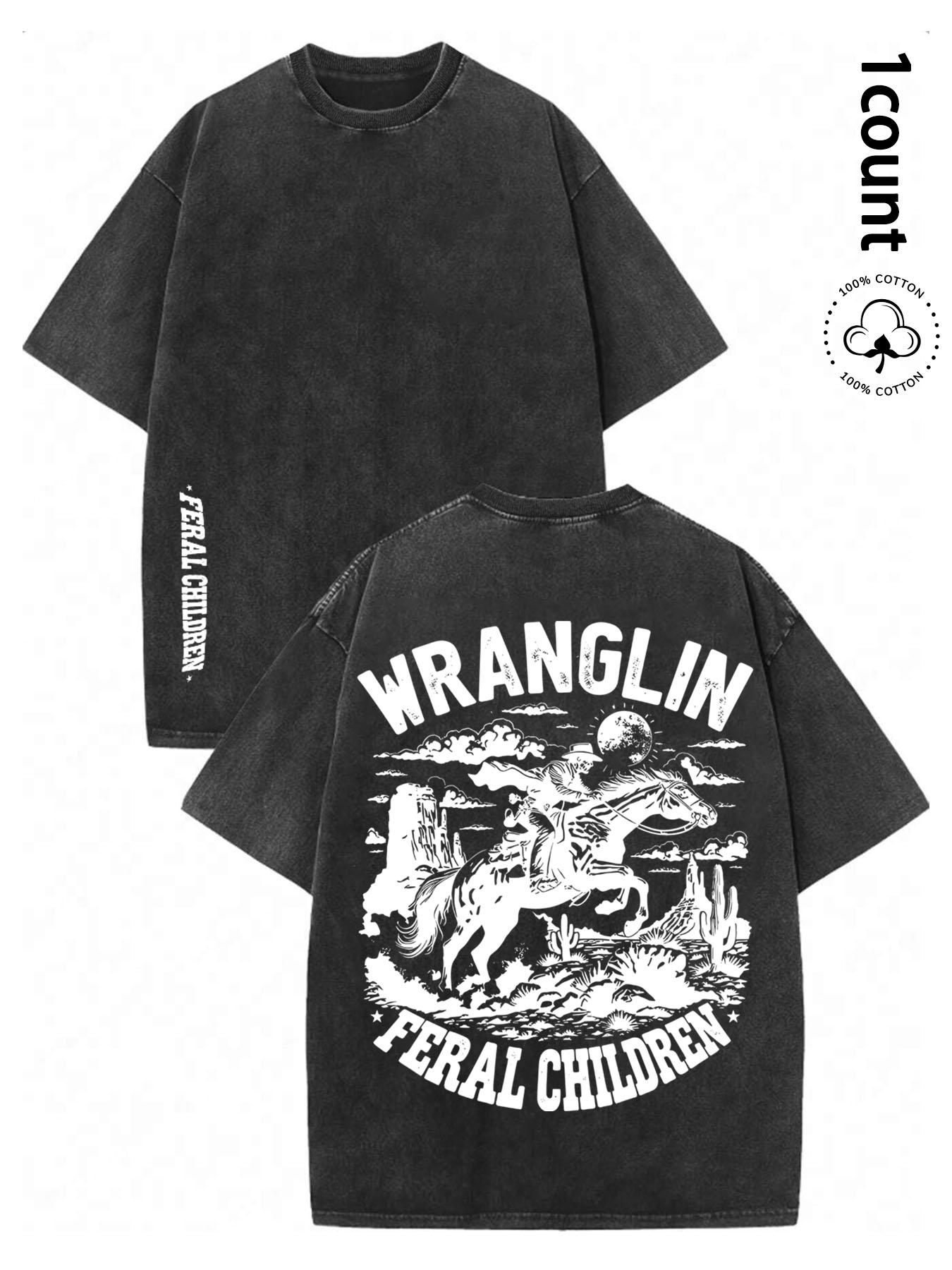 Unisex's 100% Cotton Washed Distressed Modelo Cowboy Tee, Regular Fit Street Fashion Casual Comfy Short Sleeve Crewneck T-shirt for Daily Wear, Western Clothing, All-match Top for Summer, Streetwear