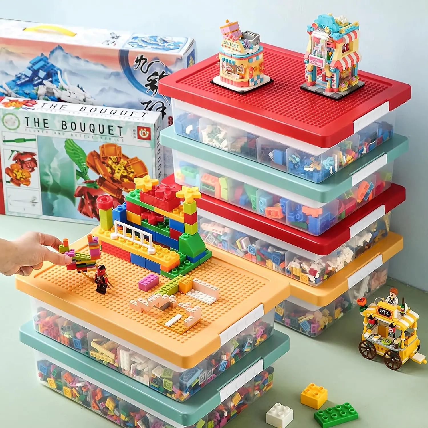 Toys Storage Organizer Box for ,  Storage Box with Building Plate Lid and Removable Tray, Building Block Storage, Stackable Plastic Organizer Bins(Red)