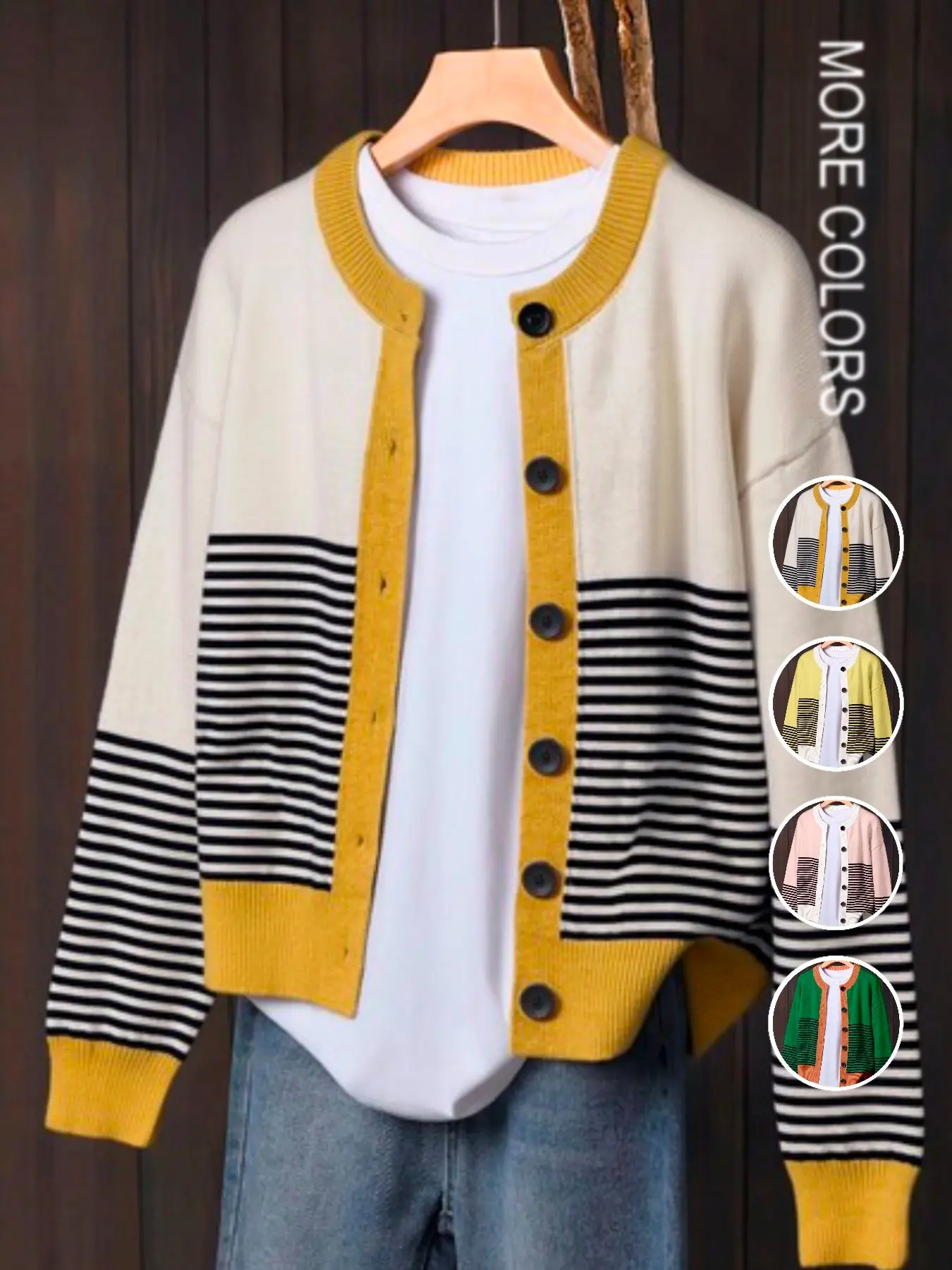 Women's Colorblock Striped Long Sleeve Cardigan, Casual Loose-Fit Knitted Sweater Coat, Elegant Casual Knitwear, Fall & Winter Fashion, Elegant and Comfortable