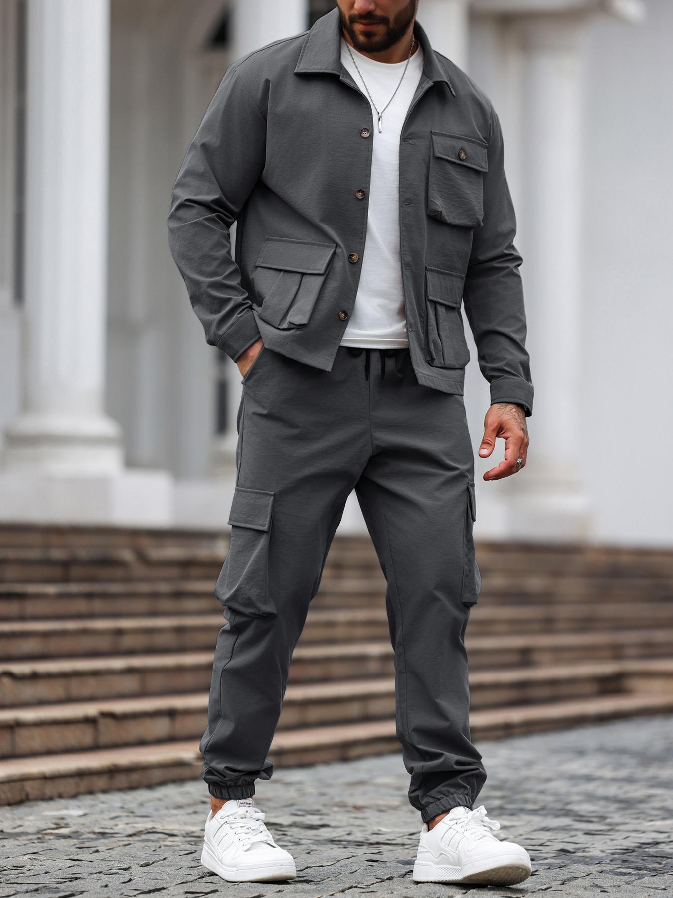 Men's Solid Color Pocket Button Front Shirt & Pants Two-Piece Set, Casual Lounge Set, Casual Long Sleeve Collar Top & Trousers Set, Men's Spring & Fall Clothes