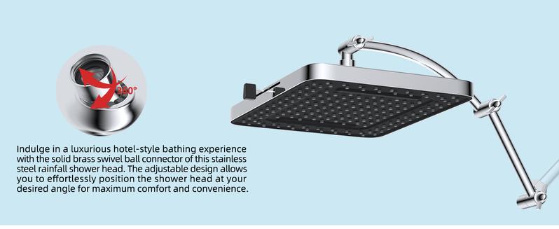 Hibbent Rain Shower Head, 13'' High Pressure Rainfall Square 5 Spray Mode Showerhead with 16" Shower Head Extension Arm, Solid Brass Adjustable Shower Arm Extender, Waterfall fixed Showerheads, Chrome