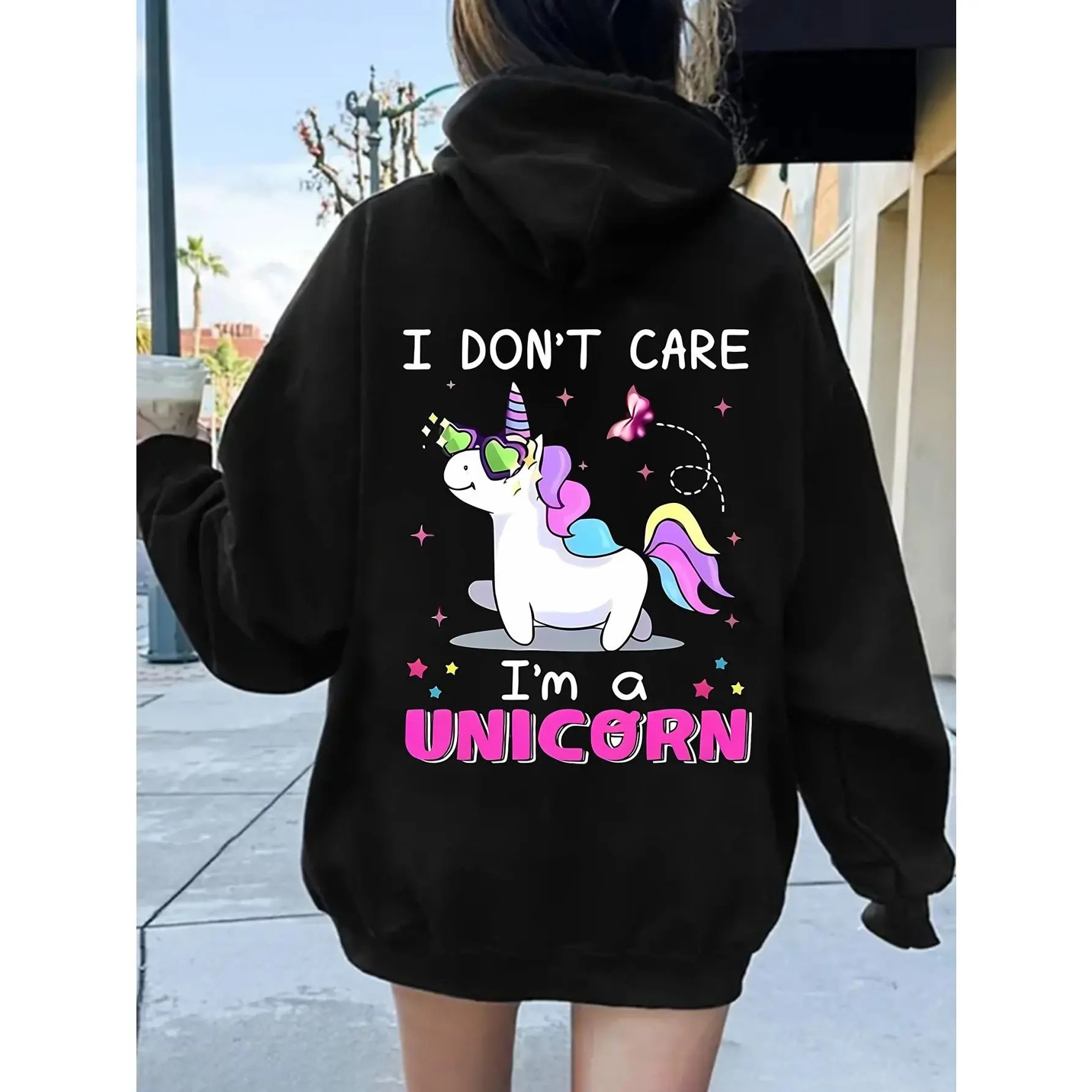 Creative Unicorn Graphic Kangaroo Pocket Hoodie Casual Long Sleeve Hooded Sweatshirt Women's Top