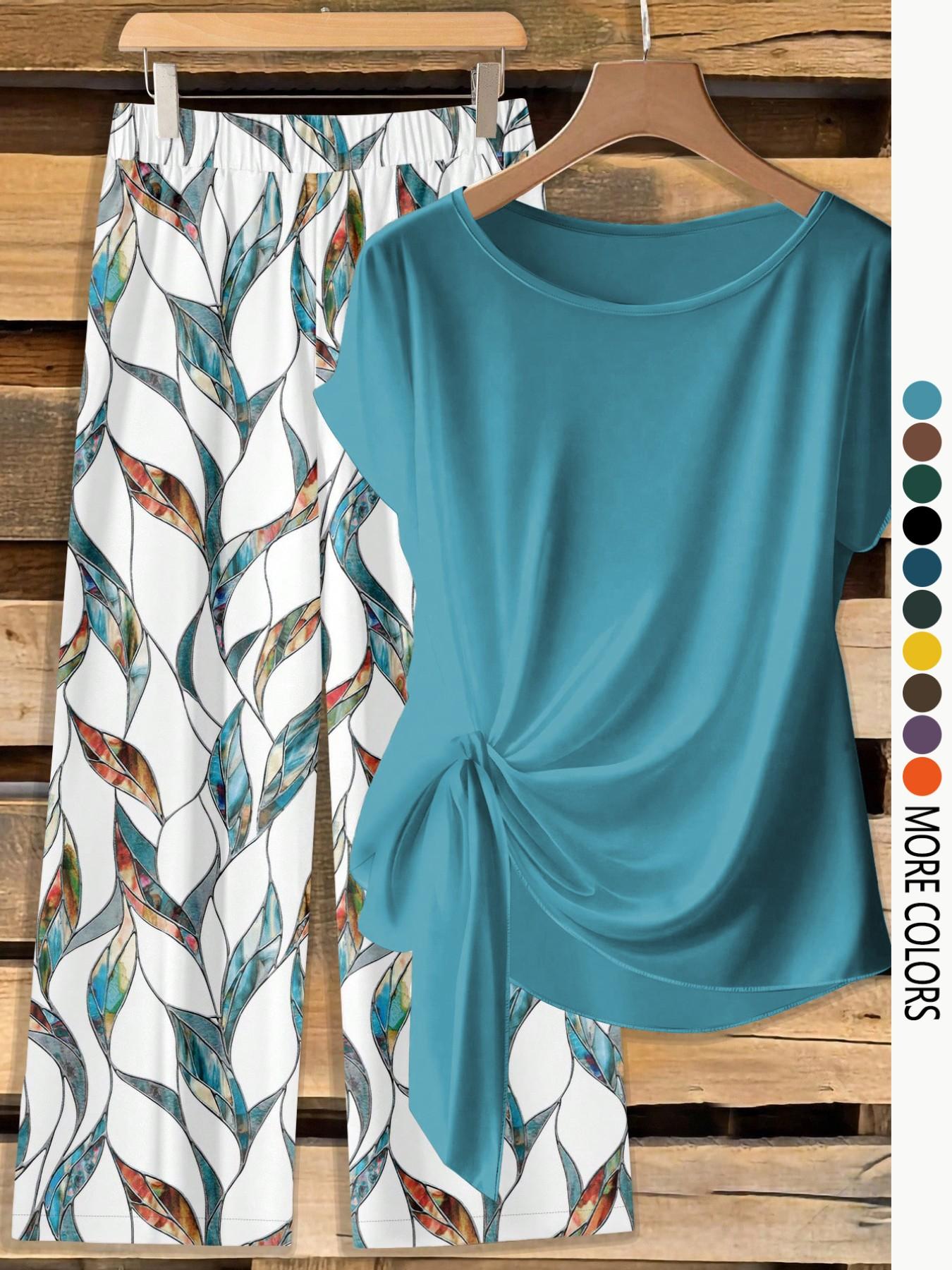 Women's Casual Printed Necktie Shirt and Loose Straight Pants Set, Perfect for Spring and Summer, Comfortable Two-Piece Women's Casual Printed Necktie Shirt and Loose Straight Pants Set, Perfect for Spring and Summer, Comfortable Two-Piece