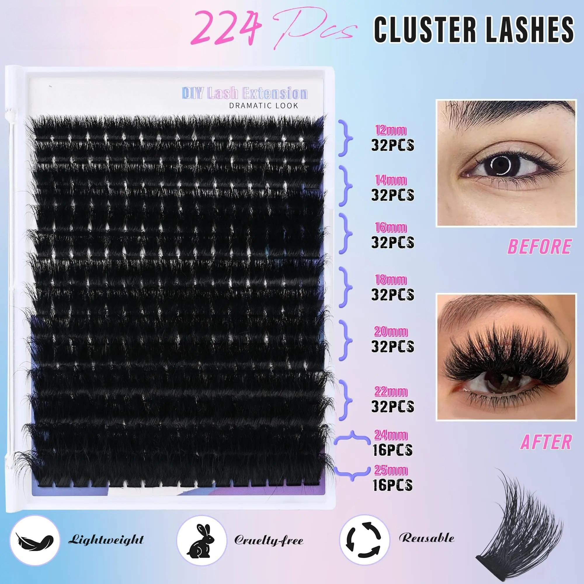 Yaiseiko Lash Clusters 300D Thick Long 12-25mm Volume Cluster Eyelash Extensions 224Pcs Wispy Individual Lashes D Curl Waterproof Eyelash Clusters Soft False Eyelashes DIY at Home