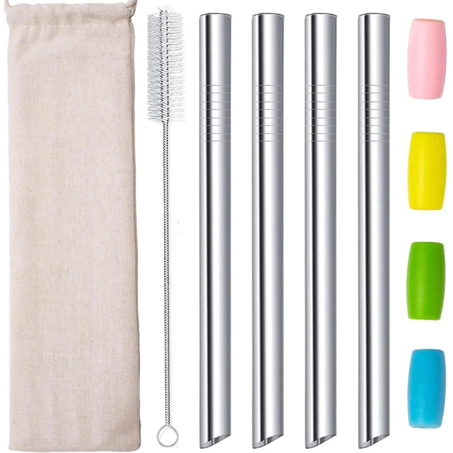 Reusable Stainless Steel Boba Straws 4 Pack, 12mm Wide Jumbo Smoothie Bubble Tea Tapioca Pearls Milkshake Straws with Pointed Tips, Silicone Tips, Carry Bag & Cleaning Brush, SilverGift