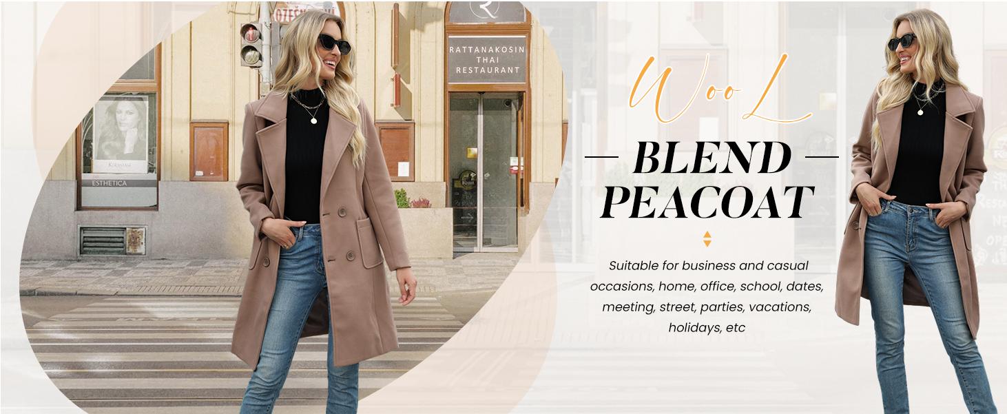 SCUSTY Women Winter Wool Blend Camel Mid-Long Coat Notch Double-Breasted Lapel Jacket Outwear