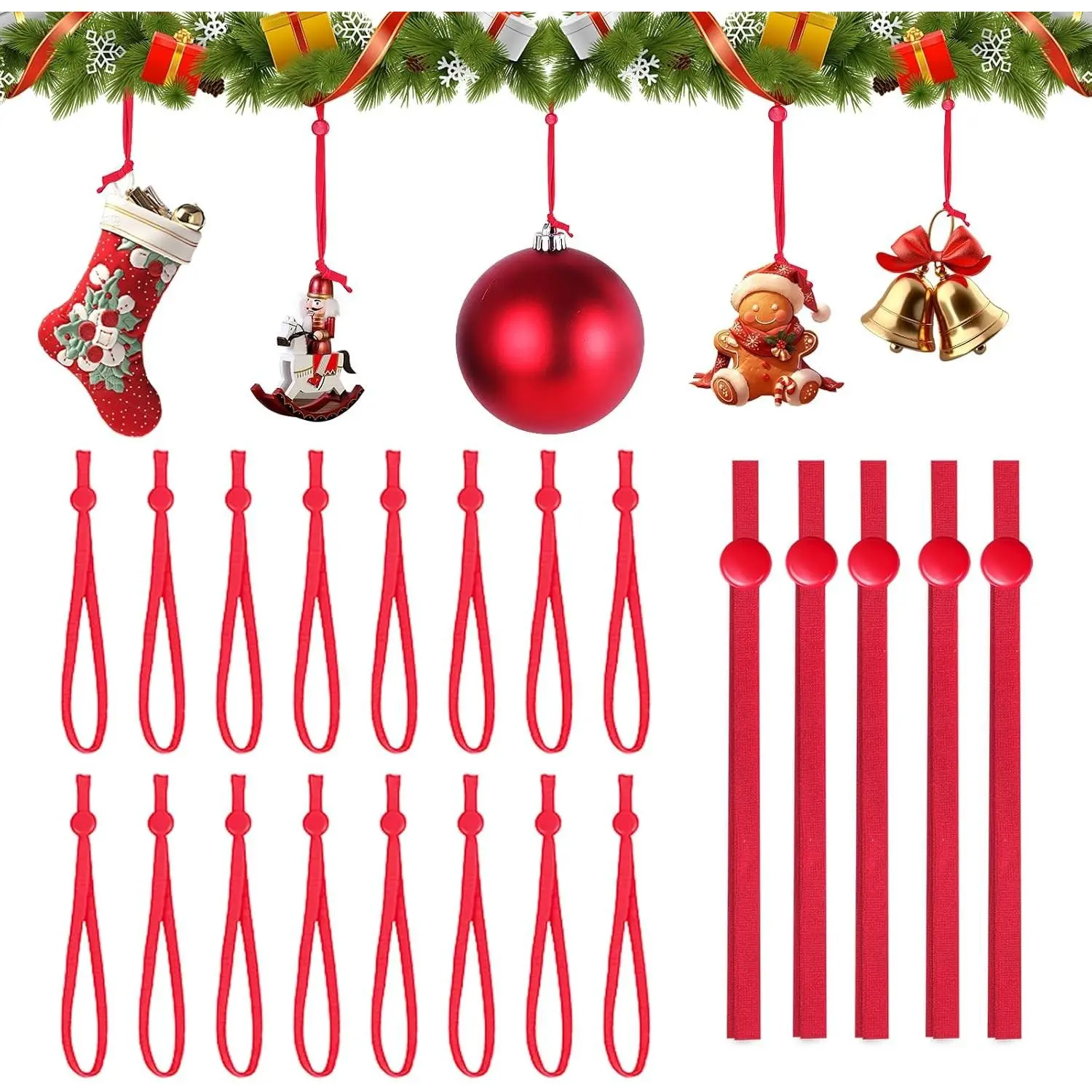 100 PCS Christmas Ornament Hangers Hooks, Adjustable Ornament Ribbon Hanger for Hanging Small & Large Heavy Ornaments, Xmas Ornament Hanging String for Christmas Tree Decorations Bauble (Red)