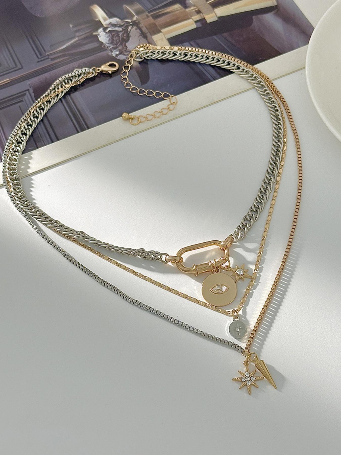 Elegant Multi-Layered Eye Pendant Necklace for Women, Fashionable Star Rivet Design, Alloy Material, All Seasons Jewelry Accessory, Charm Necklaces