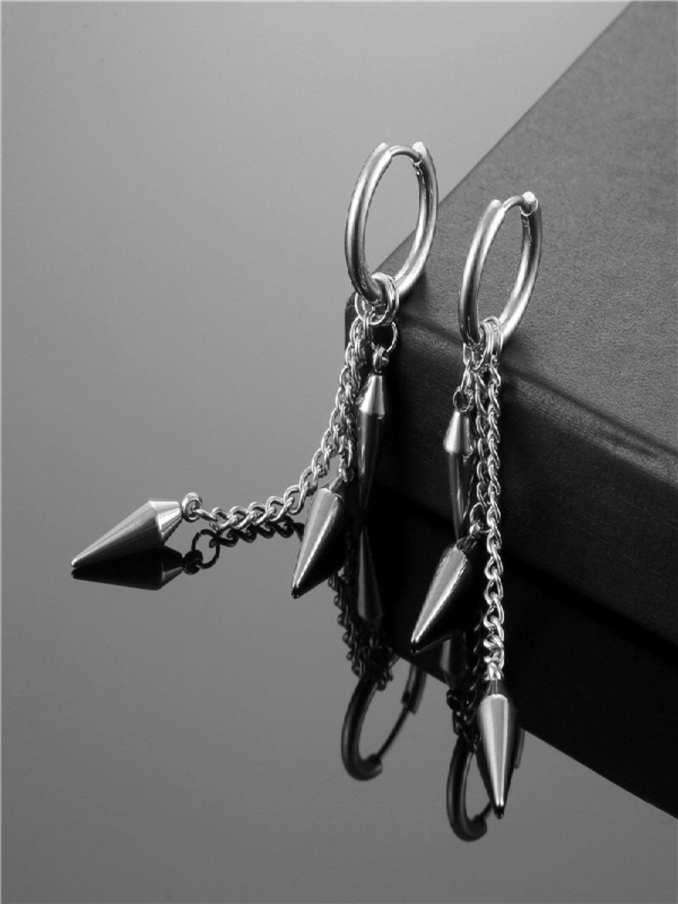 Gothic Punk Rock Style Conical Pendant Statement Earrings, Unisex Stainless Steel Hoop Accessories, Perfect for Daily Wear & Party Holidays