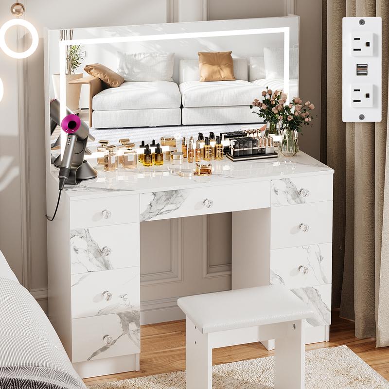 VOWNER Makeup Vanity Desk Table with Lighted Mirror,Power Outlet and 9 Drawers,Come with Soft Cushioned Stool
