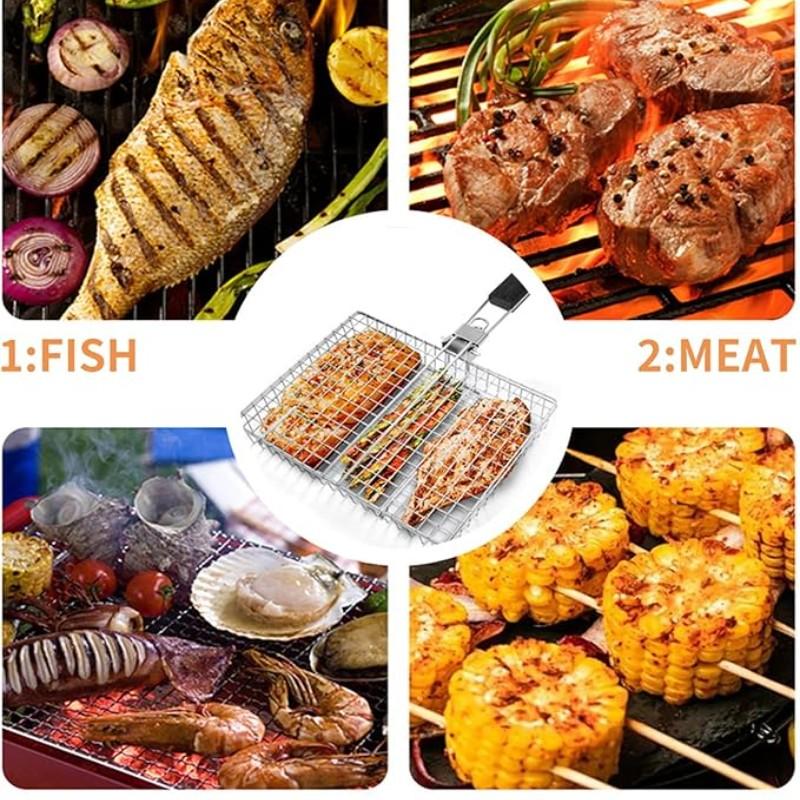 BBQ Stainless Steel Folding Handle Grill Tongue, Outdoor Multi-Functional Grill Net, Fish Meat Vegetable Rack, BBQ Tools