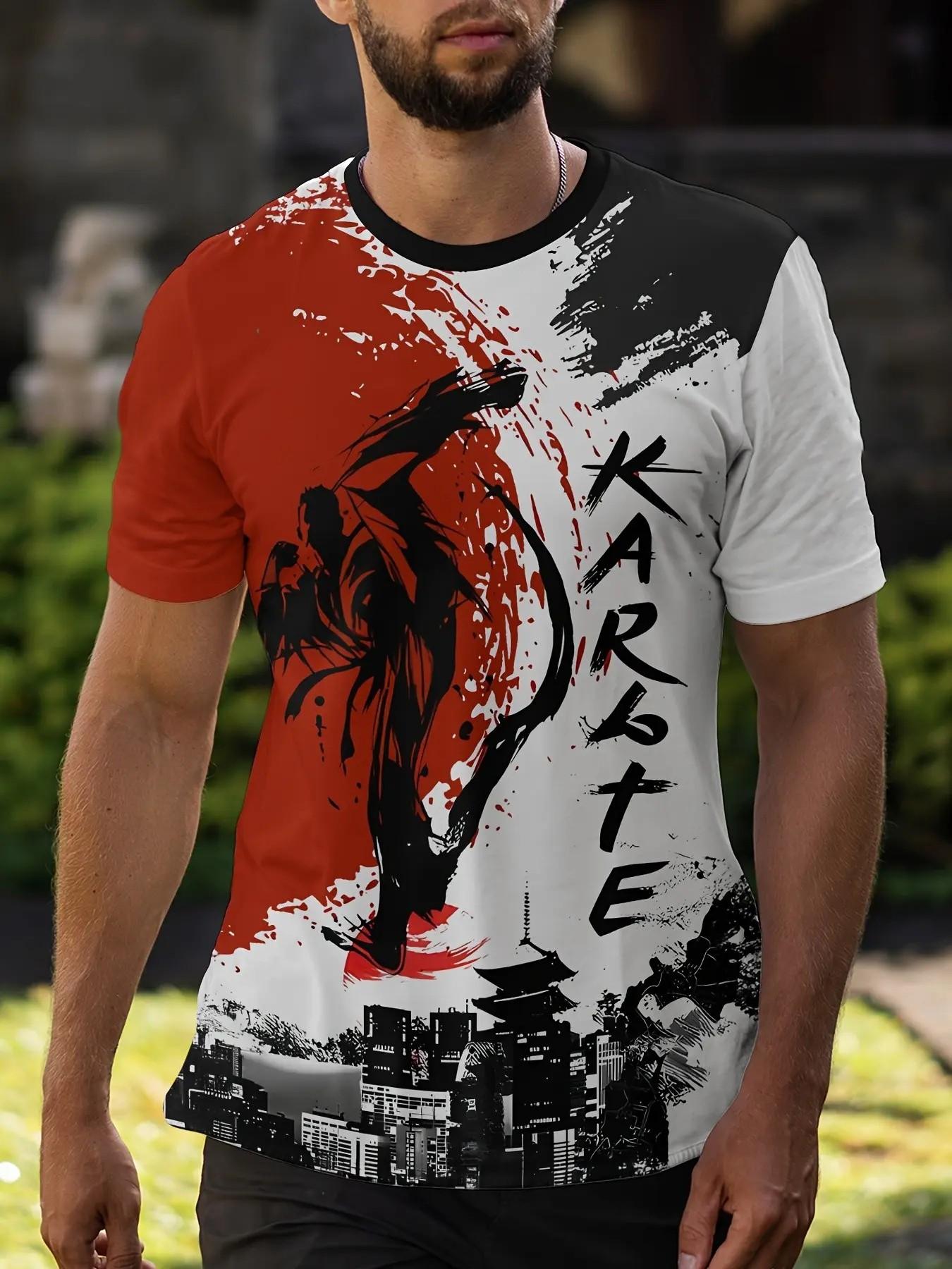 Men's Karate Warrior Print T-Shirt, Japanese Ukiyo-E Style Top, Casual Short Sleeve Streetwear, Martial Arts Theme Summer Shirt