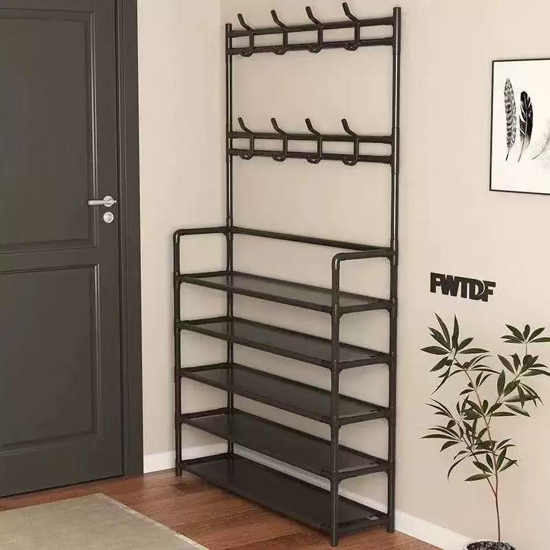 Five-Tier Independent Wardrobe Shoe Rack Combo, Metal Space-Saving Stand, with 8 Hooks and Dual-Sided Shelves