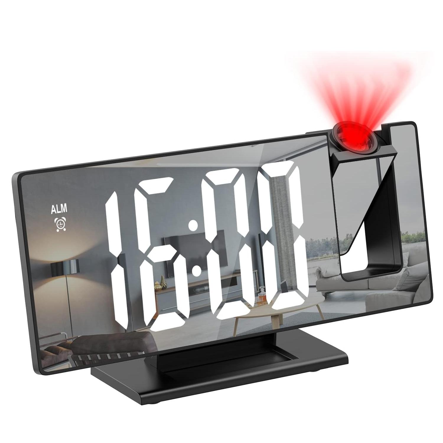 Digital Alarm Clock Projection for Heavy Sleepers, Electronic Mirror Clock with Large LED Screen, 12/24h Temperature Display