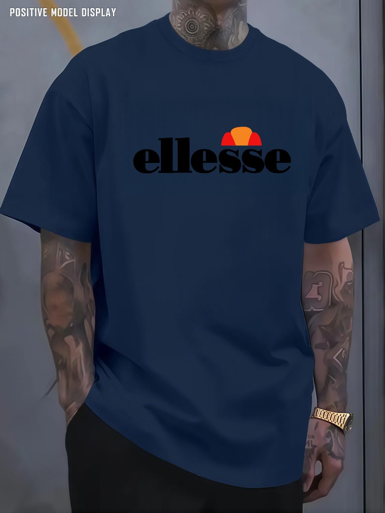 Men's Vintage Street T-Shirt, Fun Letter Ellesse Pattern Print, Loose Round Neck, Lightweight Comfort, Casual Wear for All Seasons