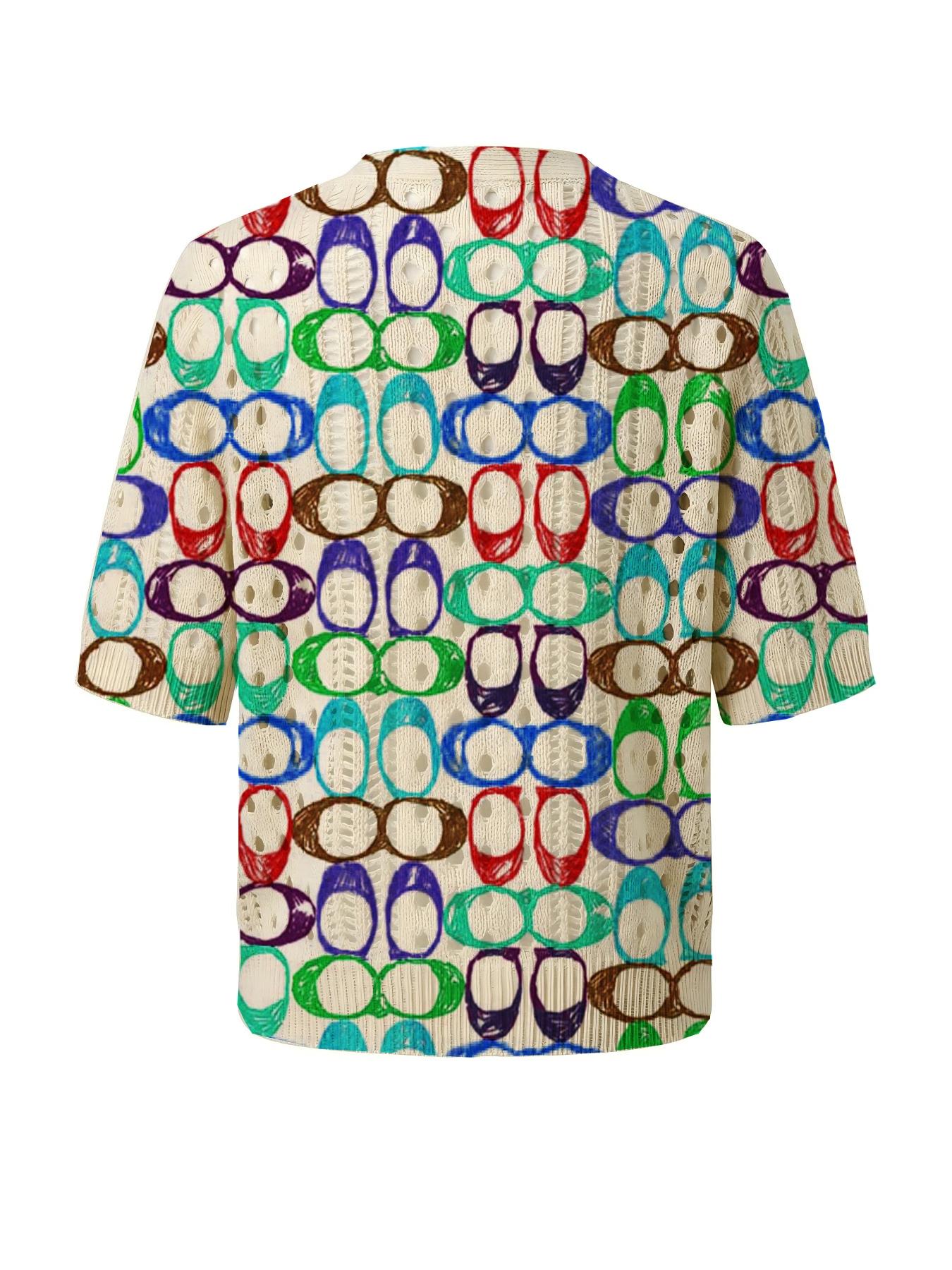 Elegant Women's Vibrant Colorblock Geometric Print Short Sleeve Knit Cardigan Button, Casual Breathable Top, Hollow Out Design, Beach Vacation Wear