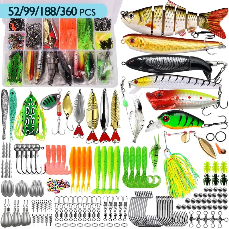 52/99/188/360-Piece Fishing Lure Set, Artificial Lures, Fishing Gear Supplies, Fishing Stuff, Outdoor Fishing Supplies, Assorted Spoon Lures and Soft Plastic Worms for Bass, Trout and Salmon, Complete Fishing Tackle Kit for Men