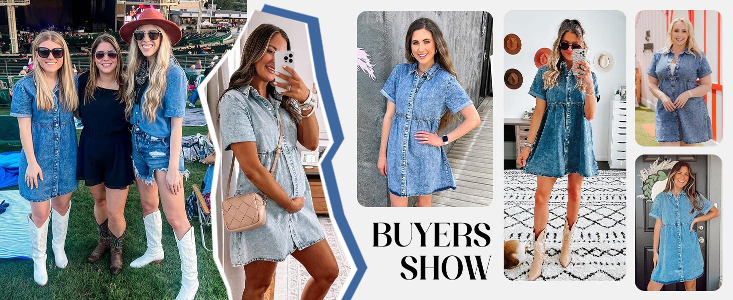 FMEYOA Womens Summer Denim Dress Button Down Short Sleeve Babydoll Dress Puff Sleeve Flowy Jean Dress