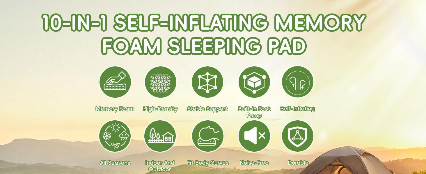 Memory Foam Camping Sleeping Pad with Pillow - 9.5 R-Value Insulated, Quiet, Foldable Portable Self-Inflating Mattress for Backpacking, Car Travel, R-Value 9.5