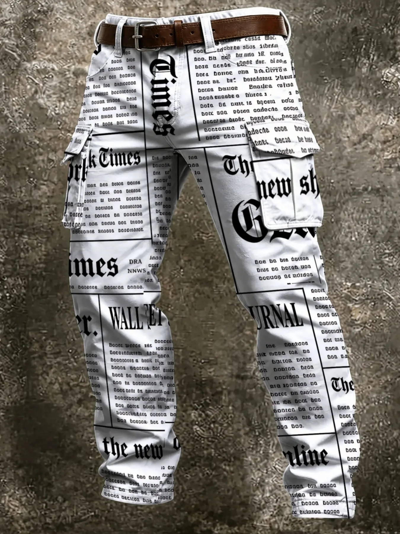 Men's Retro English Newspaper Font Printed Work Pants, Multi-Pocket Straight Leg Casual Pants, American Street Fashion Long Pants