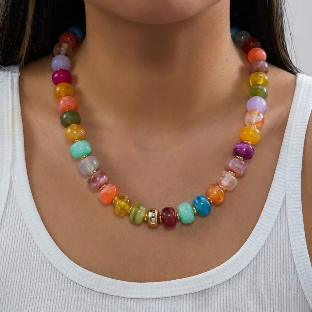 Dopamine Colorful Beaded Choker, Rainbow Chunky Statement Necklace, Y2K Retro Aesthetic, Summer Festival Jewelry, Everyday Playful Wear, Chic Fashion Accessory