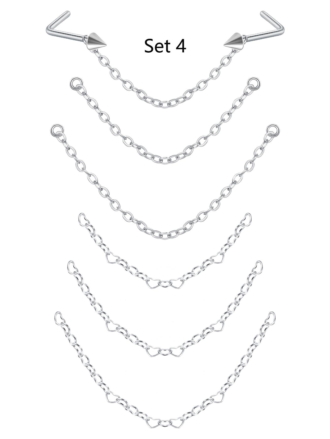 Stainless Steel Cz Nose Chain Piercing, 20g L Bone Shaped Nose Ring Chains for Women, Cz Nose Studs with Chains, Nostril Piercing Jewelry, Nose Piercing Kit