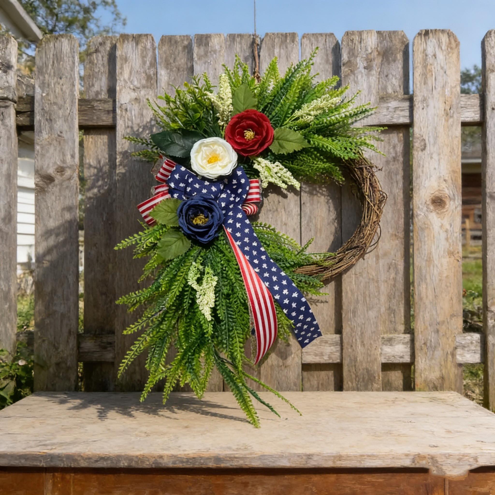 Elegant Patriotic Wreath Decor, Blue Floral Design with American Flag Bow, Memorial Day and Veterans Day Porch Decoration