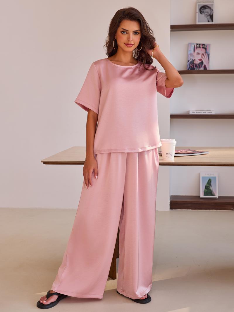 Joyfunear Women's Satin Silk Casual Summer Set Short Sleeve Hoodie with Loose Straight Pants Set Soft and Comfortable Home Clothes