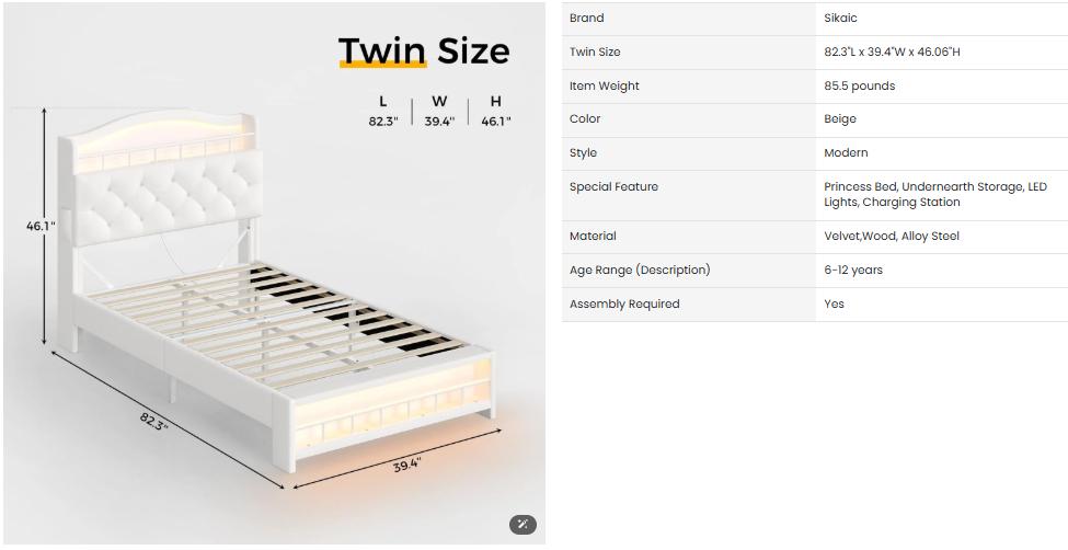 Sikaic Twin Princess Velvet Upholstered Bed Frame Beige Headboard Unique Bedroom Furniture Kids Furniture Bedroom