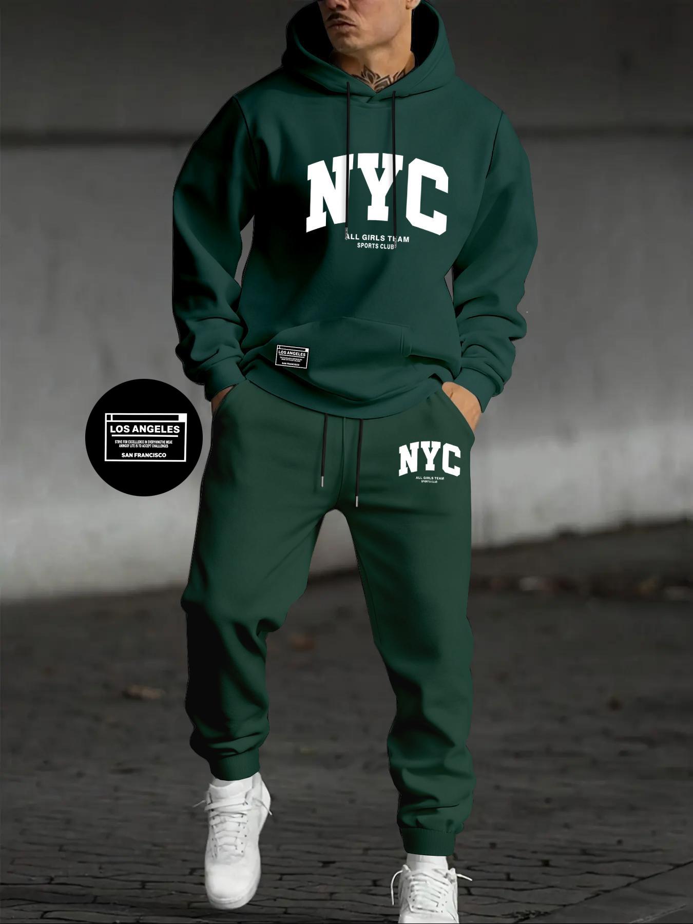 Men's Letter Print Hoodie Set, Kangaroo Pocket Drawstring Hooded Sweatshirt + Waistdrawstring Sport Pants 2 Piece Set, Fall & Winter Casual Fashion, Streetwear Tracksuit Set, Sweatsuit Set, Loose Casual Athleisure