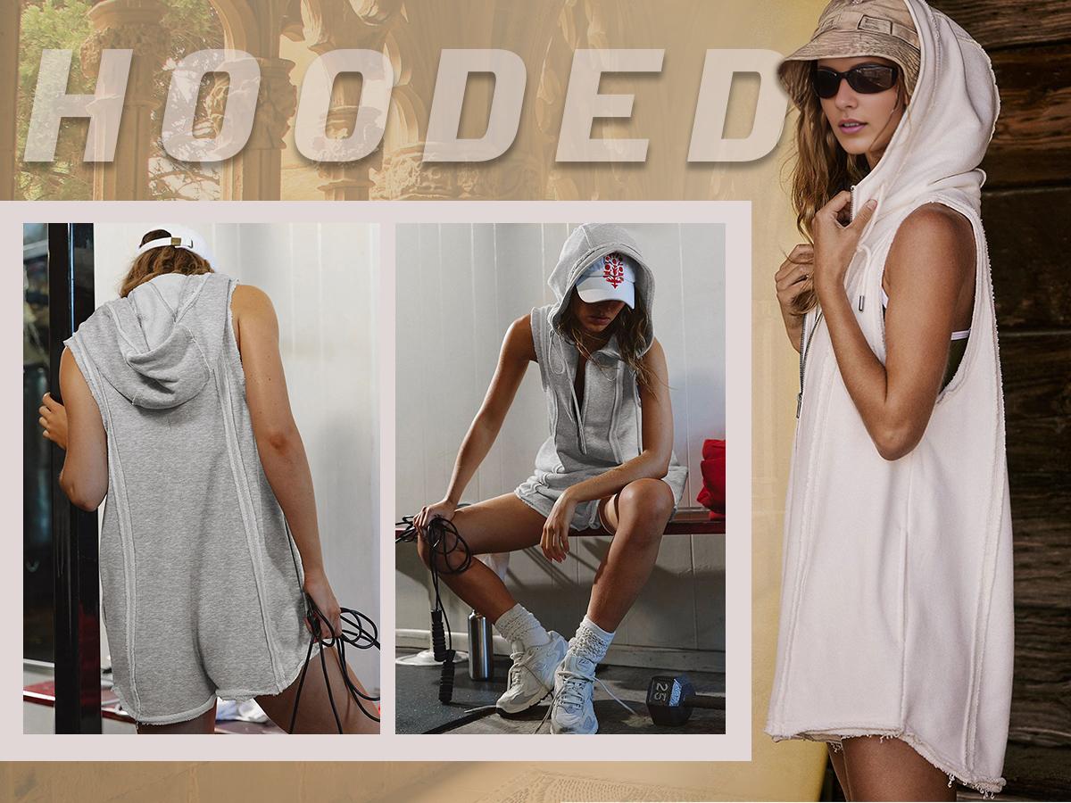 Yeokou Short Half Zipper Sports jumpsuit for Fitness Outdoor Leisure Sleeveless Loose Hoodie for Women