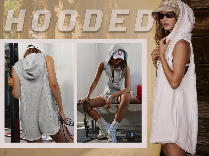 Yeokou Short Half Zipper Sports jumpsuit for Fitness Outdoor Leisure Sleeveless Loose Hoodie for Women